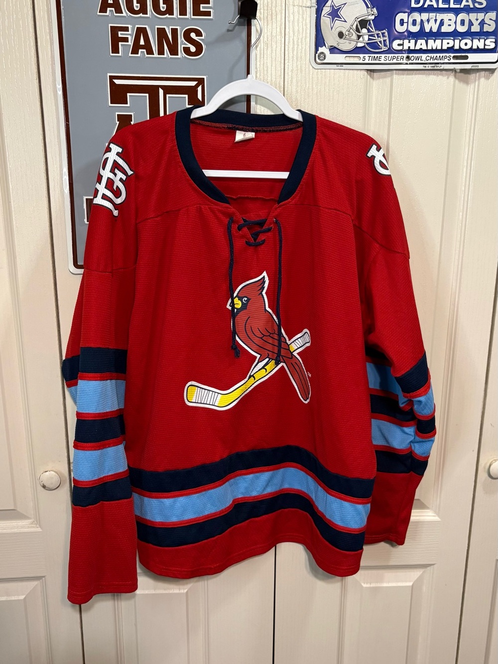 Red St. Louis Cardinals Hockey-Style Jersey with Light Blue Stripes
